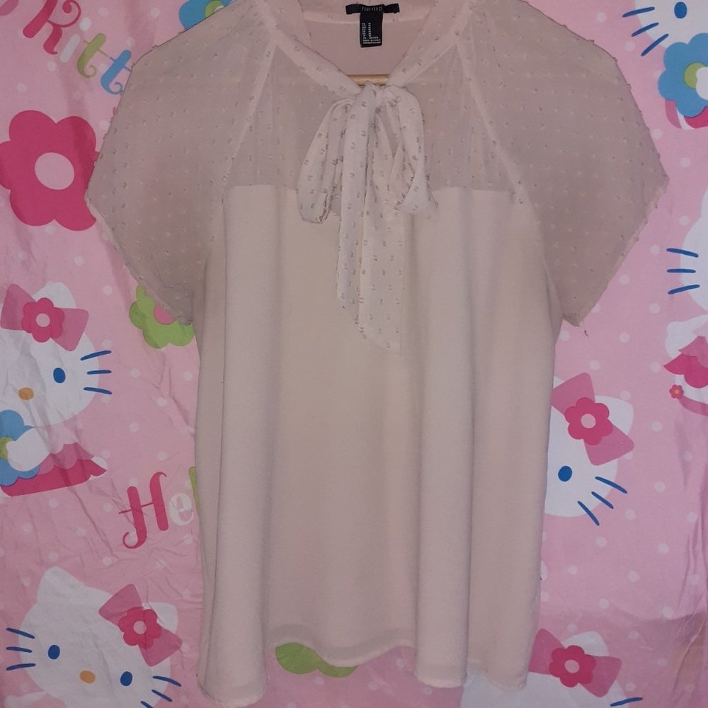 Baby Pink Sheer Short Sleeve Bow Tie Blouse (M)